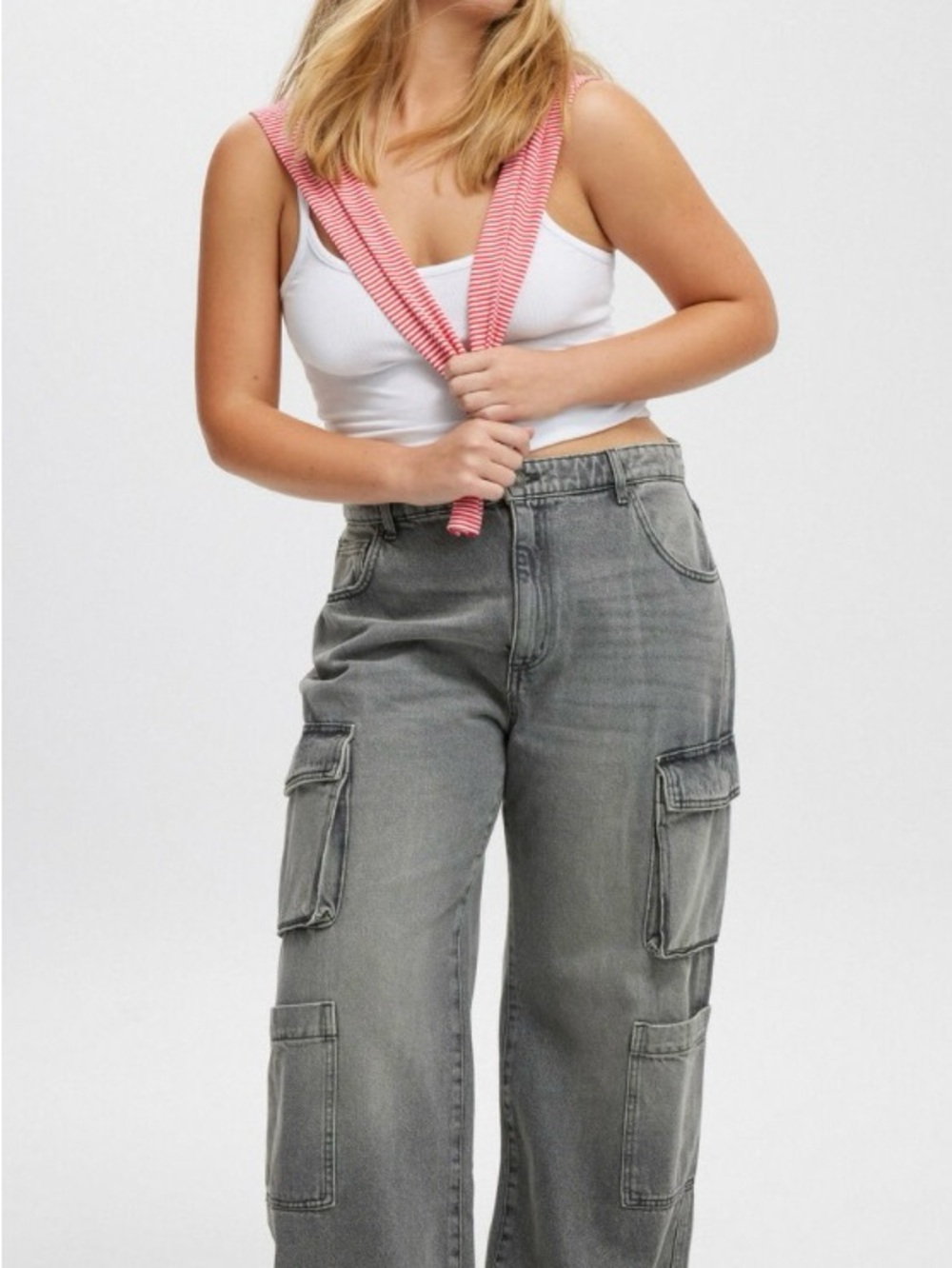 NWT Cotton On Shadow Grey Cargo Wide Leg Jeans Y2K Grunge Utility Mid Rise Sz 8